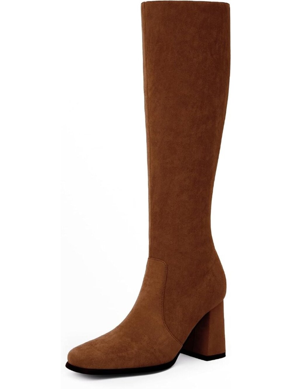 Women's Brown Suede Square Toe Chunky Heel Side Zipper Knee High Gogo Boot Shoes